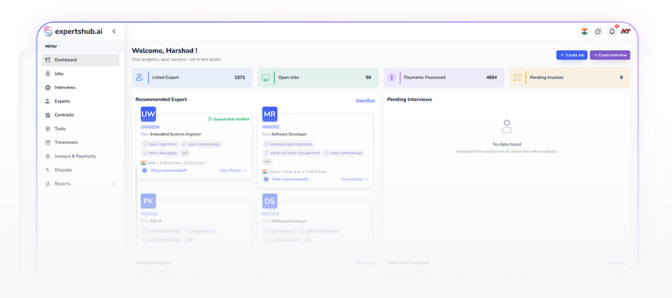 ExpertHub dashboard showing jobs, experts, and referral activity